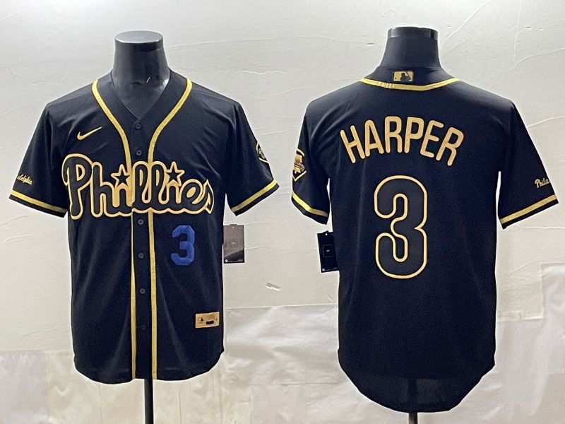 Men 2025 Philadelphia Phillies #3 Harper Black Gold Throwback Nike MLB Jersey style 006
